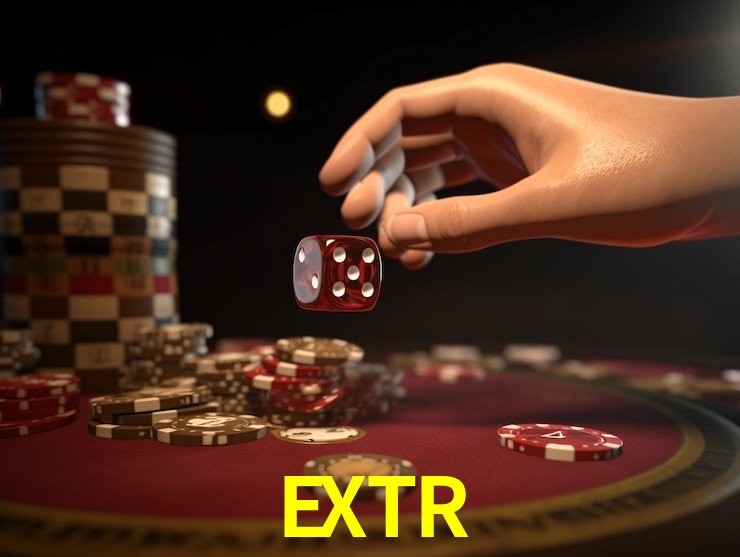 Una escena digital vívida inspirada en casino con EXTR mostrado prominentemente, luces brillantes, fichas, cartas y acentos dorados.