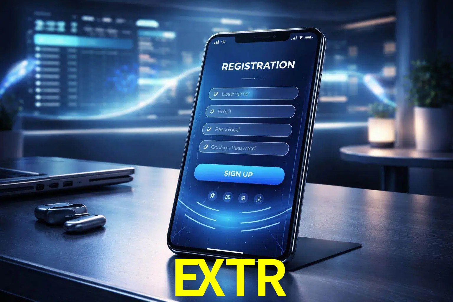 Una interfaz moderna de registro móvil para EXTR mostrada en un smartphone con un panel de apuestas elegante.
